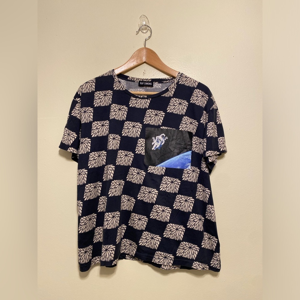 Raf Simons Black and Cream Checkerboard Tee with Patch Pocket. Size M
